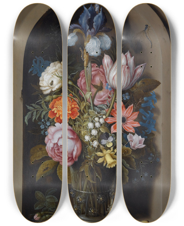 Triptych art skateboard deck of Ambrosius Bosschaert The Elder A Still Life Of Flowers In A Glass Beaker Set In A Marble Niche by Ambrosius Bosschaert The Elder (1573-1621)