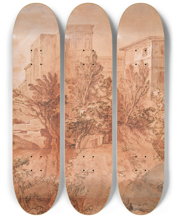 Triptych art skateboard deck of Charlesjoseph Natoire Landscape With A Large Villa On A Hilltop by Charles Joseph Natoire (1700-1777)