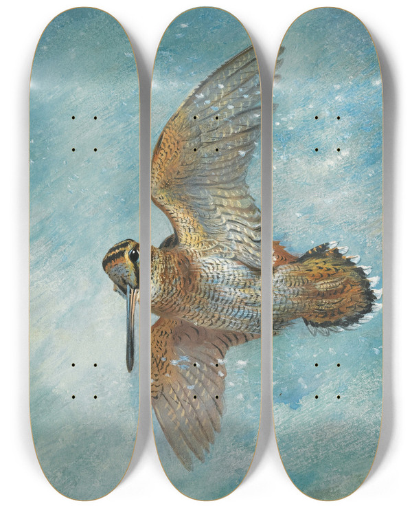 Triptych art skateboard deck of Archibald Thorburn Caught In A Blizzard Woodcock by Archibald Thorburn (1860-1935)