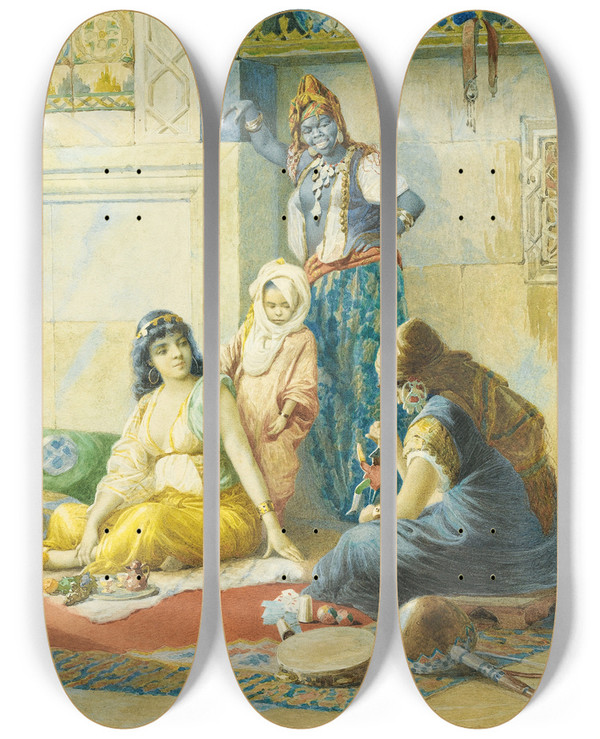 Triptych art skateboard deck of Vincent Stiepevich Nursery In The Harem by Vincent Stiepevich (1841-1911)