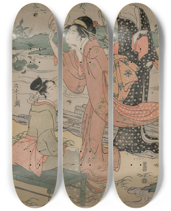 Triptych art skateboard deck of Chbunsai Eishi Women Beside A Stream Chasing Fireflies by Chobunsai Eishi (1756-1829)