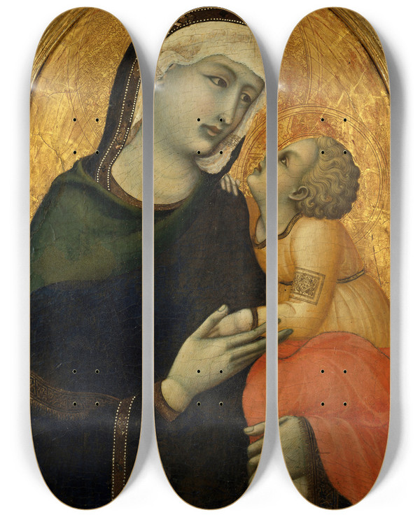 Triptych art skateboard deck of Pietro Lorenzetti Madonna With Chid by Pietro Lorenzetti (1280-1348)