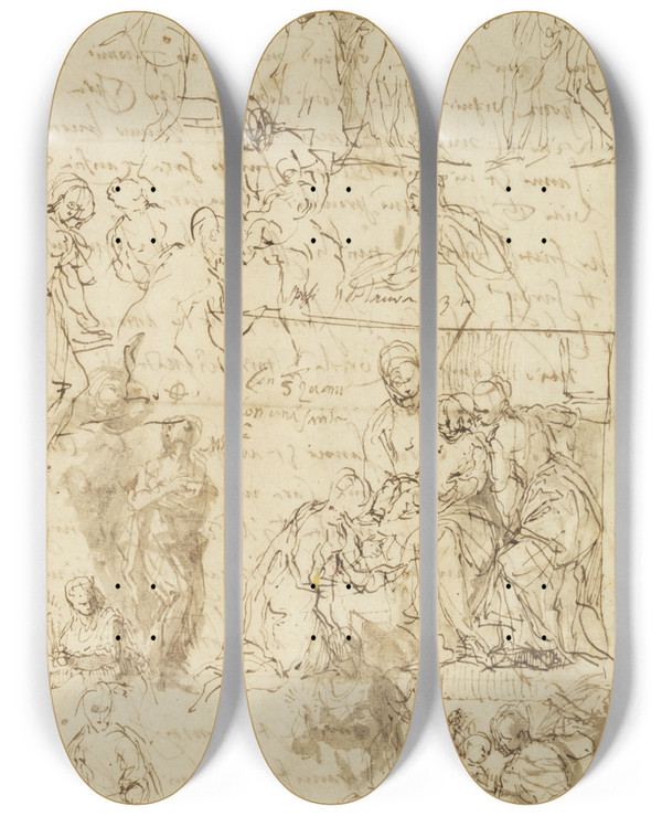 Triptych art skateboard deck of Paolo Veronese The Mystic Marriage Of Saint Catherine And Other Studies by Paolo Veronese (1528-1588)
