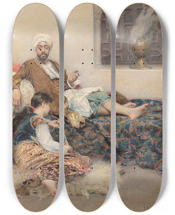 Triptych art skateboard deck of Gustavo Simoni The Favourite_2 by Gustavo Simoni (1845-1926)