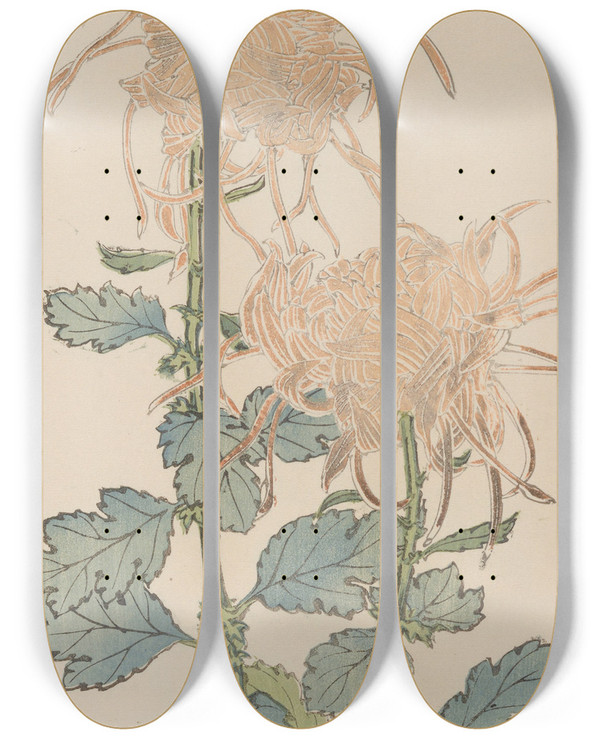 Triptych art skateboard deck of Keika Hasegawa Keika Hyakugiku Pl02 by Keika Hasegawa (1892-1905)