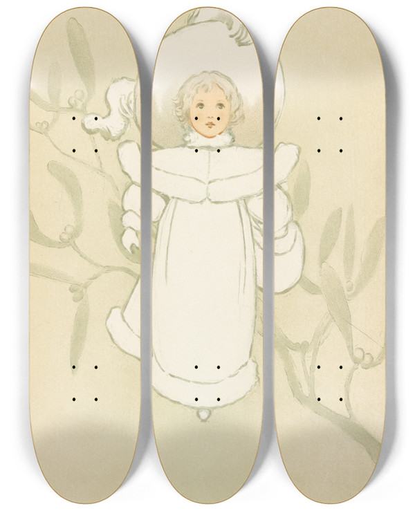 Triptych art skateboard deck of Louis Prang Little Girl In Winter Garb by Louis Prang (1824-1909)