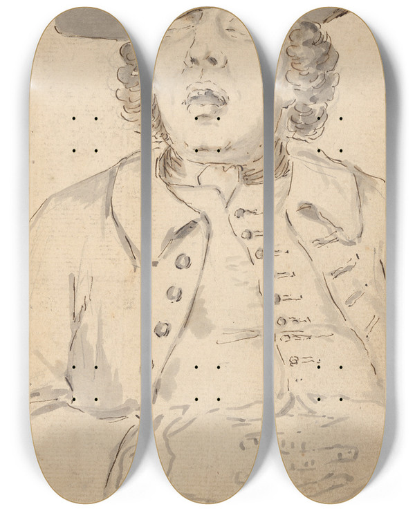 Triptych art skateboard deck of Louis Philippe Boitard Man Asleep With His Mouth Wide Open And Hands Crossed by Louis Philippe Boitard (1734-1760)