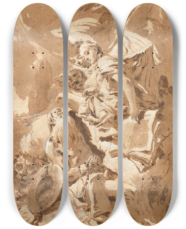 Triptych art skateboard deck of Giovanni Battista Tiepolo Saint Jerome In The Desert Listening To The Angels by Giovanni Battista Tiepolo (1696-1770)