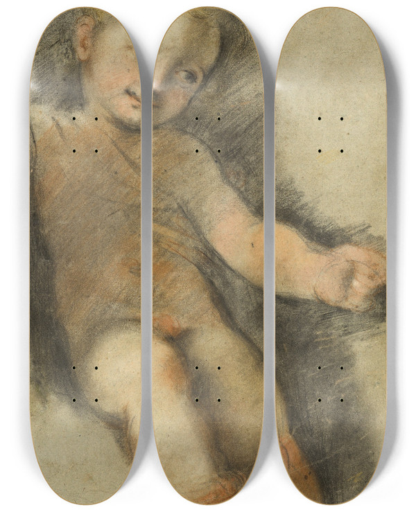 Triptych art skateboard deck of Federico Barocci Christ Child Study For The Madonna Di San Giovanni by Federico Barocci (1528-1612)