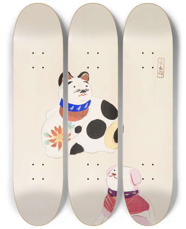 Triptych art skateboard deck of Kawasaki Kyosen Kyosens Collected Illustrations Of Japanese Toys Pl011 by Kawasaki Kyosen (1877-1942)