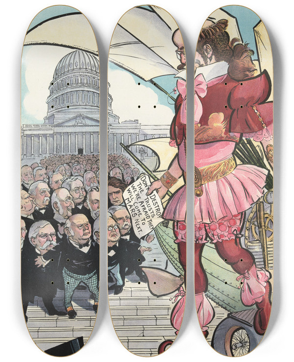 Triptych art skateboard deck of Frank Arthur Nankivell A Message From Mars by Frank Arthur Nankivell (1869-1959)