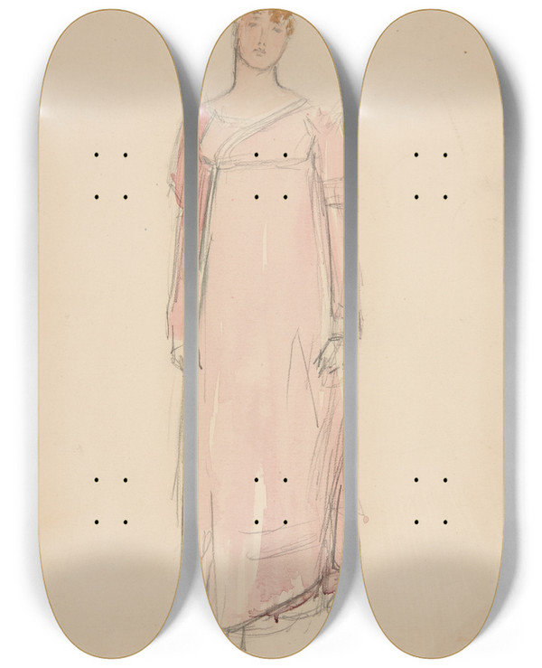 Triptych art skateboard deck of Edwin Austin Abbey Sketch Of A Woman In Pink Costume Study For A Play by Edwin Austin Abbey (1852-1911)