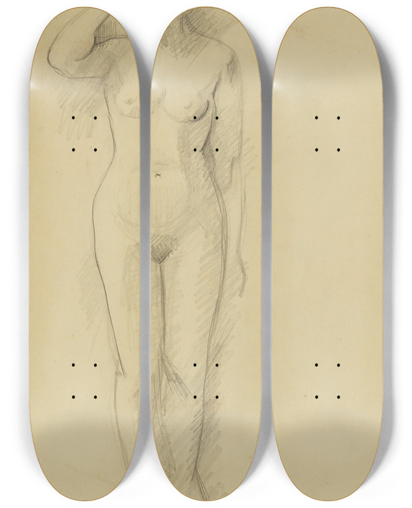 Triptych art skateboard deck of Anny Dollschein Stehender Weiblicher Akt by Anny Dollschein (1893-1946)