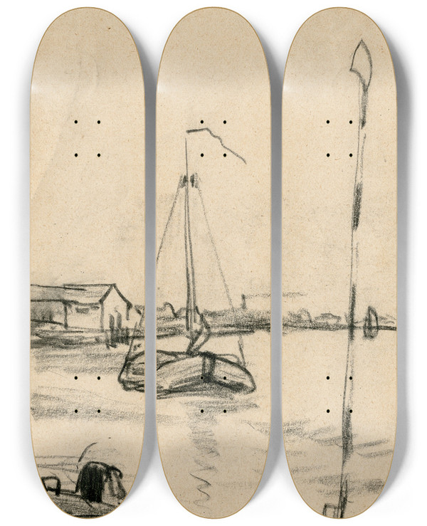 Triptych art skateboard deck of Adolf Le Comte Zeilboot Aan Oever Van Een Meer by Adolf Le Comte (1850-1921)