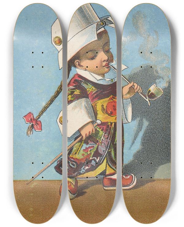 Triptych art skateboard deck of Donaldson Brothers Trade Card For Celluloid Waterproof Collars Cuffs And Shirt Bosoms_1 by Donaldson Brothers