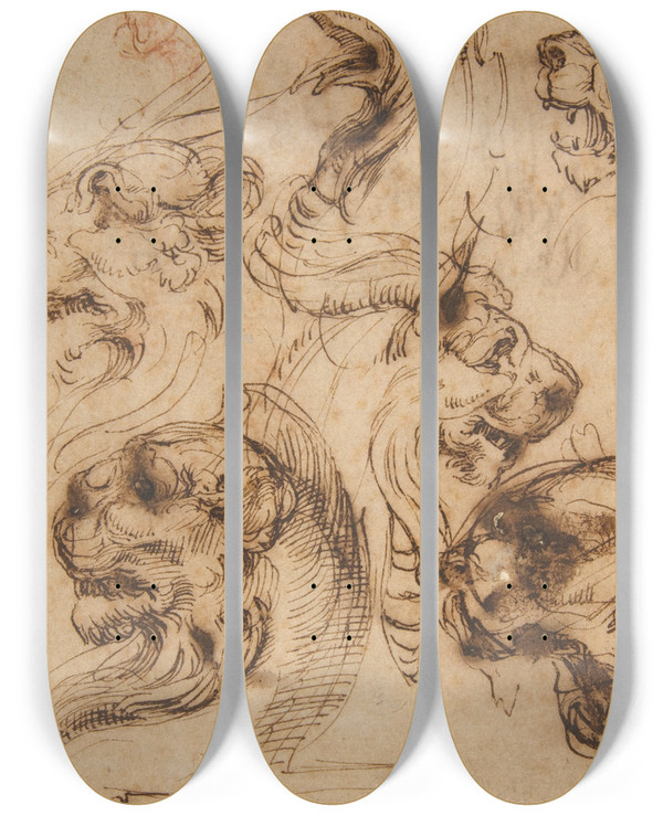 Triptych art skateboard deck of Pellegrino Tibaldi Six Studies Of Animal Heads And Of A Cartouche by Pellegrino Tibaldi (1527-1596)