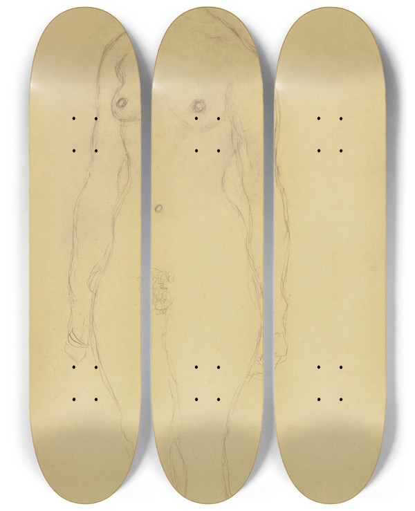 Triptych art skateboard deck of Gustav Klimt Stehender Akt Von Vorne Nach Rechts Blickend by Gustav Klimt (1862-1918)