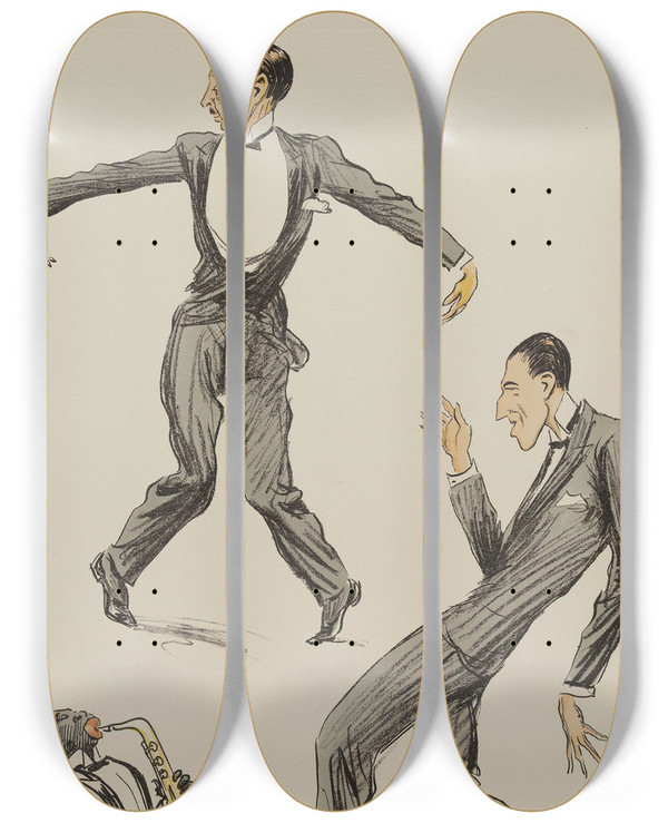 Triptych art skateboard deck of Georges Goursat Sem Deux Hommes Dansant Le Charleston Au Son Dun Saxophone by Georges Goursat (Sem) (1863-1934)