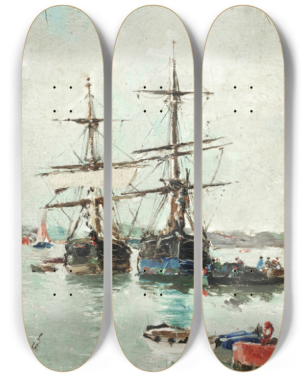 Triptych art skateboard deck of Joaqun Sorolla Boats In A Harbour by Joaquin Sorolla (1863-1923)
