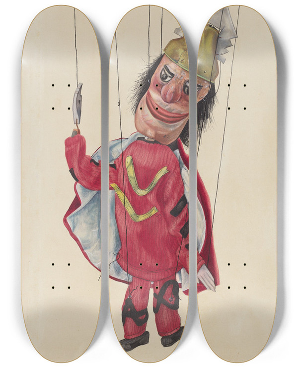 Triptych art skateboard deck of Elmer Weise Marionette King Saul by Elmer Weise