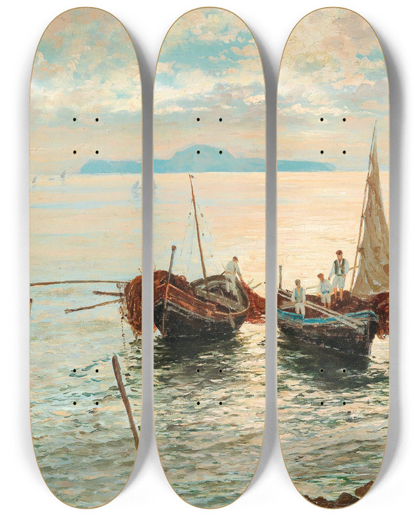 Triptych art skateboard deck of Giuseppe Giardiello Scene Near Naples by Giuseppe Giardiello (1877-1920)