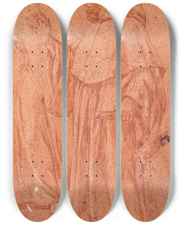 Triptych art skateboard deck of Giacinto Gimignani Study Of Saint Augustine by Giacinto Gimignani (1606-1681)