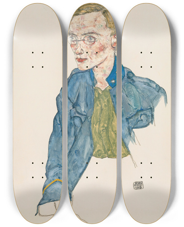 Triptych art skateboard deck of Egon Schiele Oneyear Volunteer Lancecorporal by Egon Schiele (1890-1918)