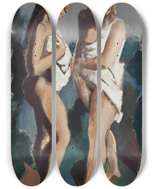 Triptych art skateboard deck of Bernard Meninsky The Bathers by Bernard Meninsky (1891-1950)