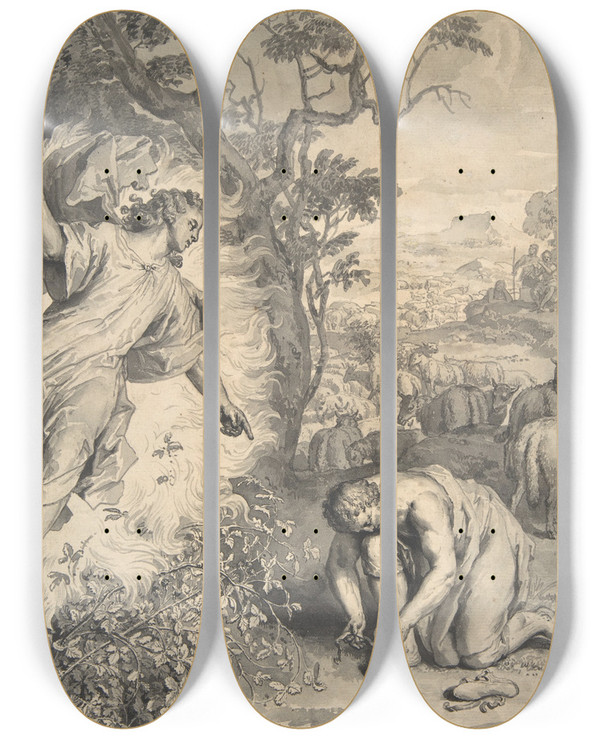 Triptych art skateboard deck of Gerard Hoet Moses And The Burning Bush by Gerard Hoet (1648-1733)