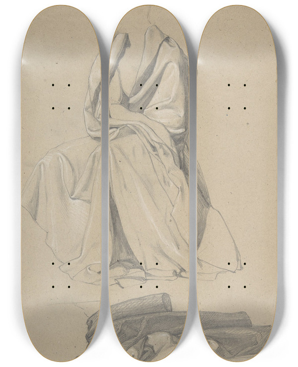 Triptych art skateboard deck of Alfred Rethel Drapery Study by Alfred Rethel (1816-1859)