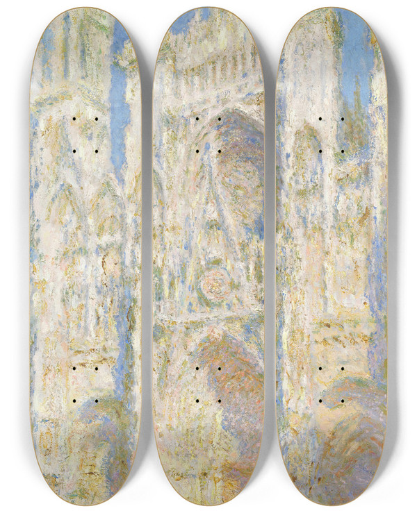 Triptych art skateboard deck of Claude Monet Rouen Cathedral West Faade Sunlight by Claude Monet (1840-1926)