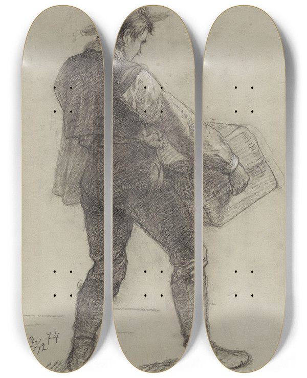 Triptych art skateboard deck of Adolph Tidemand Mann Som Brer Kuffert by Adolph Tidemand (1814-1876)