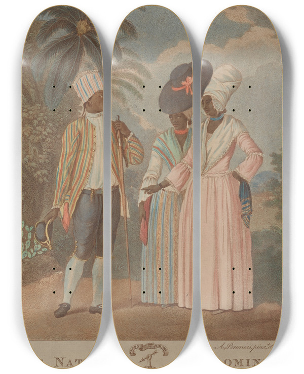 Triptych art skateboard deck of Agostino Brunias Free Natives Of Dominica by Agostino Brunias (1730-1796)