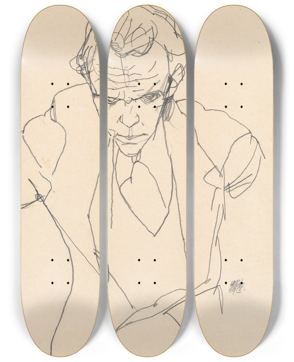 Triptych art skateboard deck of Egon Schiele Roderick Mac Kay Pianist by Egon Schiele (1890-1918)