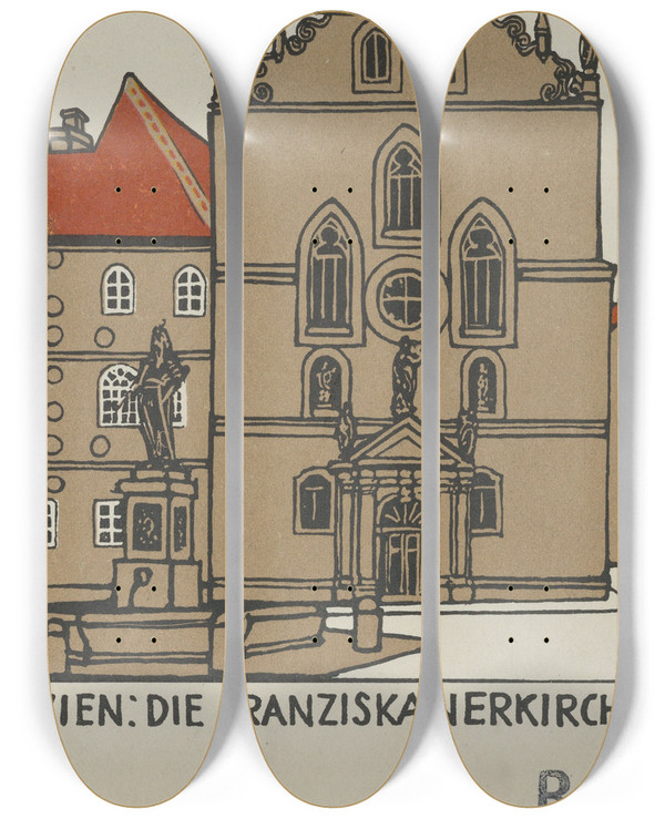 Triptych art skateboard deck of Urban Janke Wien Die Franziskanerkirche by Urban Janke (1887-1914)