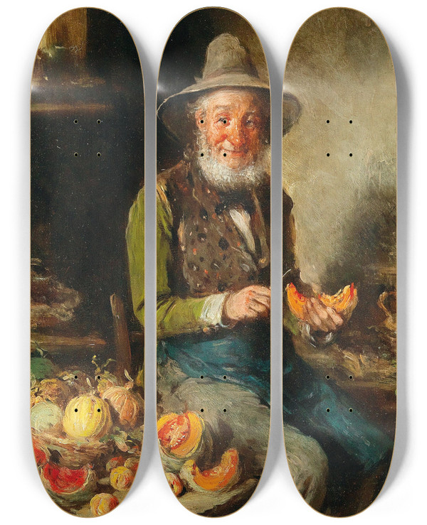 Triptych art skateboard deck of Hermann Kern The Fruit Seller by Hermann Kern (1838-1912)