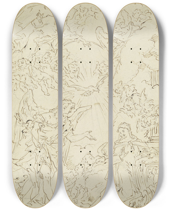 Triptych art skateboard deck of Gaspare Diziani The Annunciation by Gaspare Diziani (1689-1767)