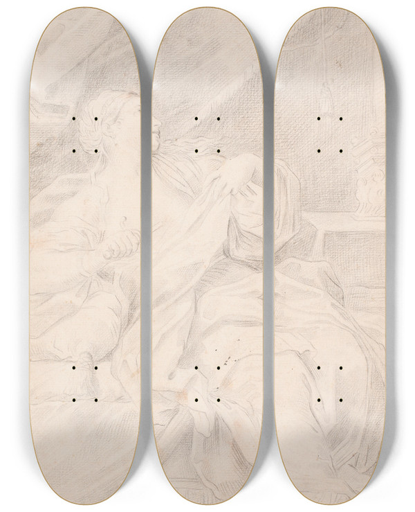 Triptych art skateboard deck of Hendrik Krock Lukretia Der Stder Dolken I Sit Bryst by Hendrik Krock (1671-1738)