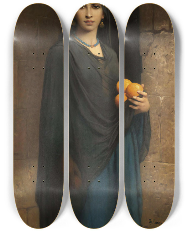 Triptych art skateboard deck of Charles Landelle Woman With Oranges by Charles Landelle (1821-1908)