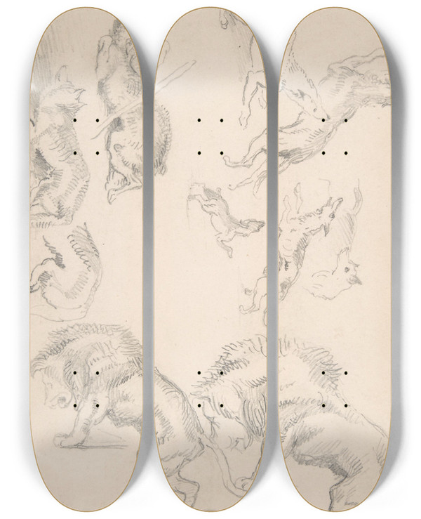 Triptych art skateboard deck of Eugne Delacroix Studies Of Animals by Eugene Delacroix (1798-1863)