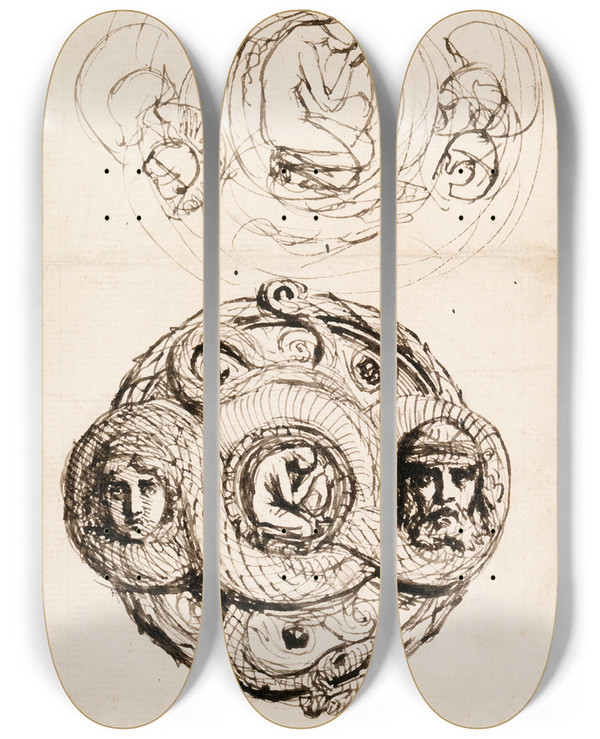 Triptych art skateboard deck of Frederic William Burton Studies For The Gold Fibula Presented To Helen Faucit by Frederic William Burton (1816-1900)