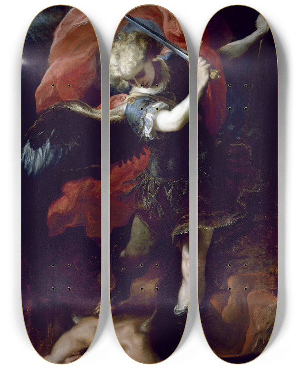 Triptych art skateboard deck of Claudio Coello Saint Michael The Archangel by Claudio Coello (1642-1693)