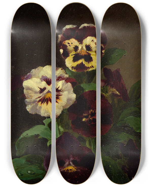 Triptych art skateboard deck of John Williamson Pansies by John Williamson (1826-1885)