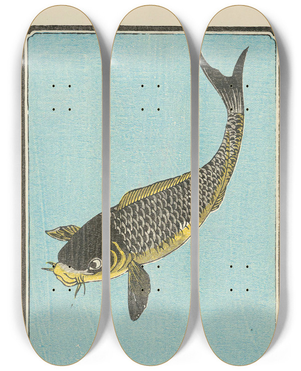 Triptych art skateboard deck of Jinta Hirayama Illustrated Catalogue Of Daylight Bomb Shells No 25 by Jinta Hirayama (19-)