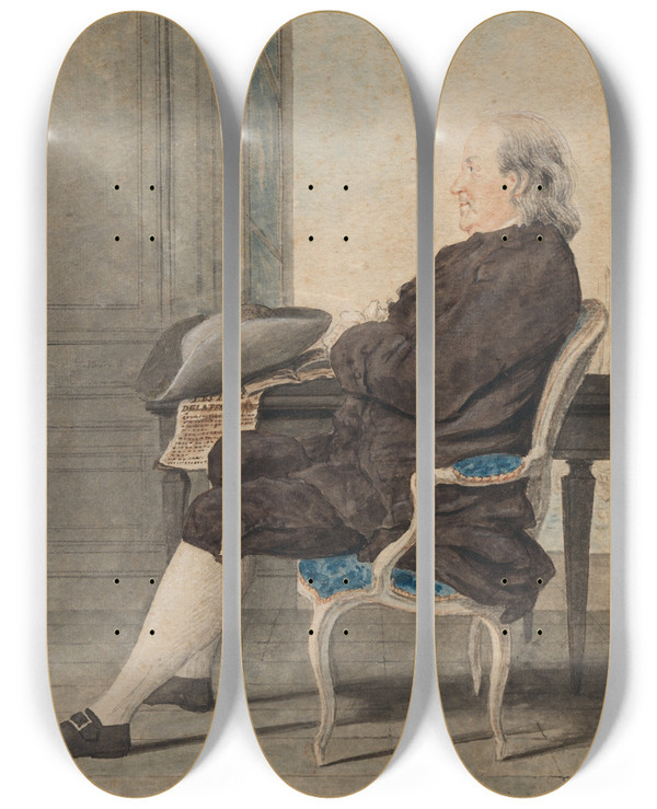 Triptych art skateboard deck of Louis Carrogis De Carmontelle Benjamin Franklin by Louis Carrogis Carmontelle