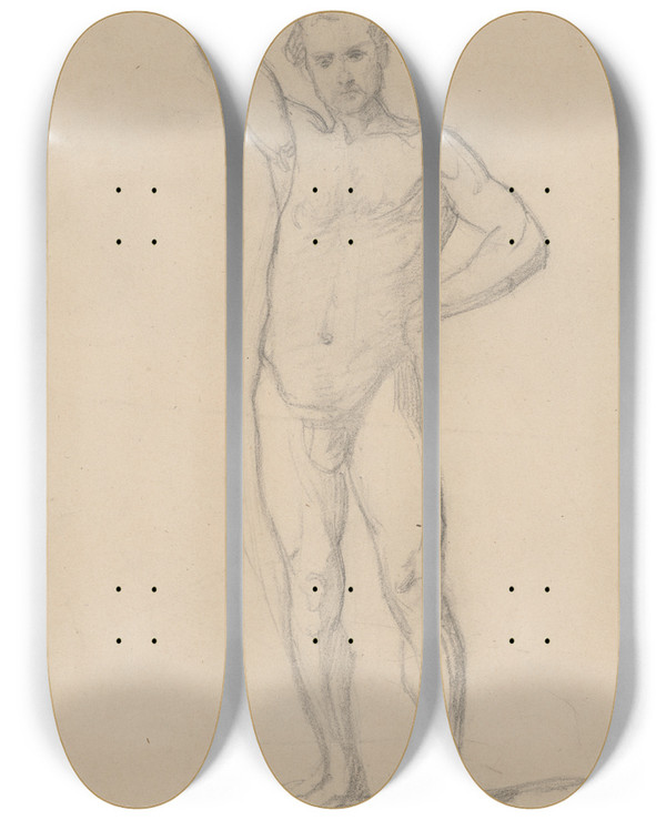 Triptych art skateboard deck of Jzef Simmler Nude Sketch To The High Priest To The Painting Martyrdom Of St Matthias by Jozef Simmler (1823-1868)