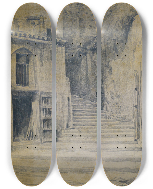 Triptych art skateboard deck of Santiago Rusiol Village Street Granada by Santiago Rusinol (1861-1931)