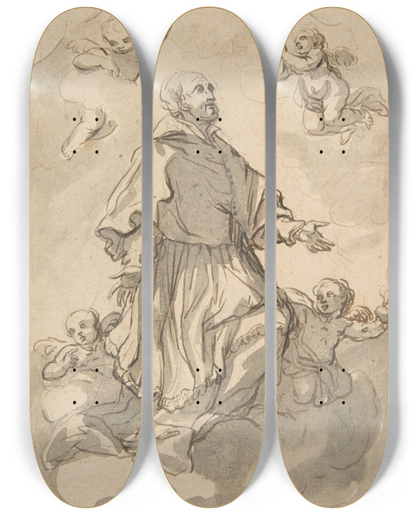 Triptych art skateboard deck of Johann Jacob Eybelwieser Saint Augustine On Clouds Surrounded By Angels by Johann Jacob Eybelwieser (1667-1744)