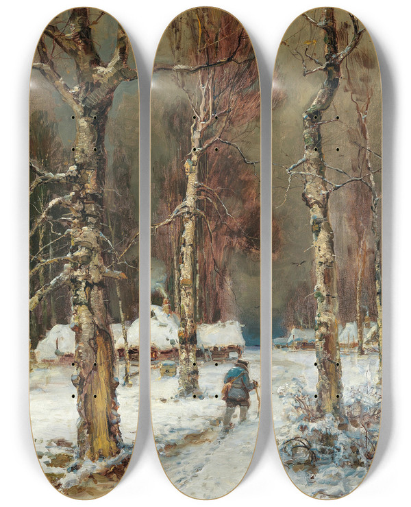 Triptych art skateboard deck of Julius Sergius Klever A Winter Evening by Julius Sergius Klever (1850-1924)