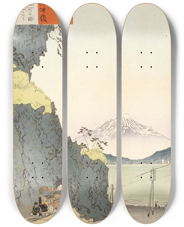 Triptych art skateboard deck of Kobayashi Kiyochika Satta Pass On The Tkaid by Kobayashi Kiyochika (1847-1915)